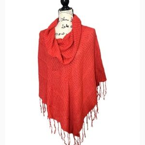 Women’s Mia Maddison Boho Orange Crochet Cowl Neck Poncho with Fringe tassels